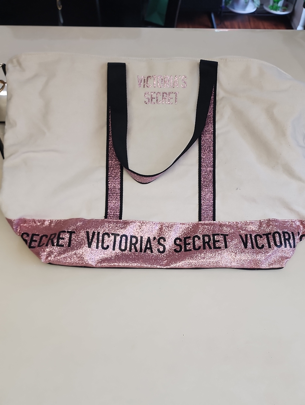 Victoria's Secret White Tote with Pink Glitter Trim